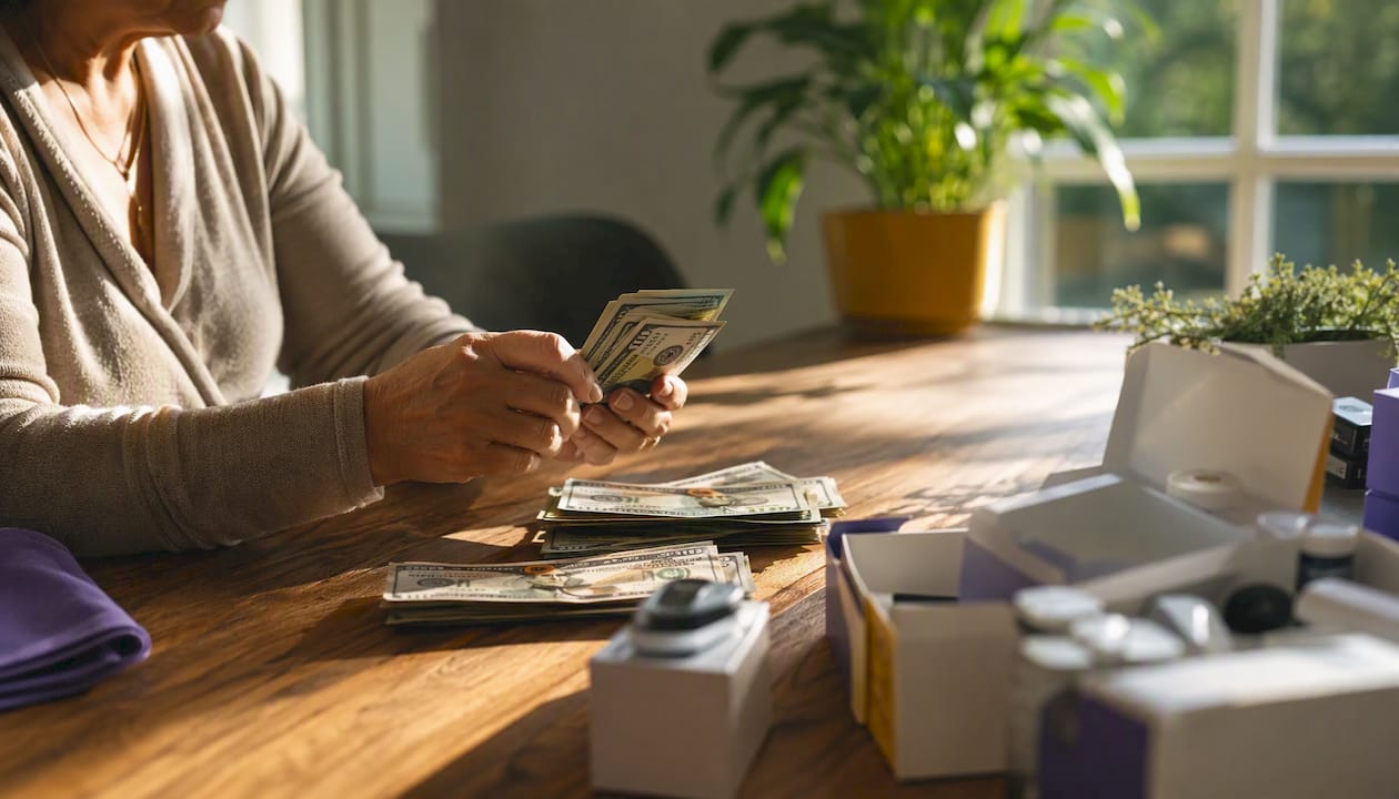 Hands counting cash near diabetic supplies