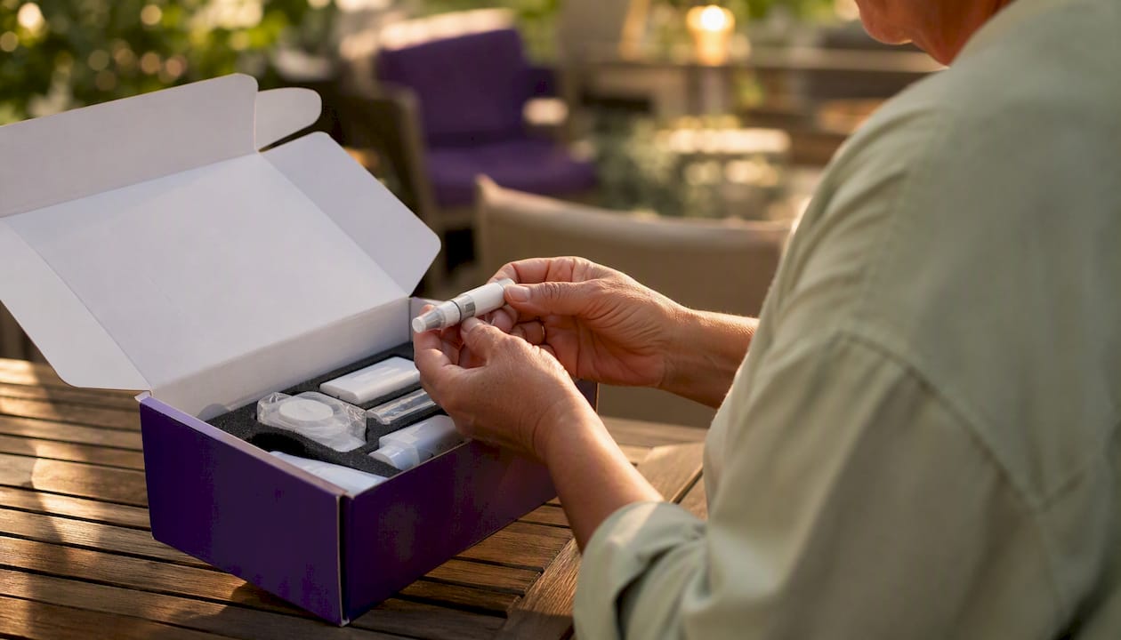 Hands inspecting diabetic supplies box