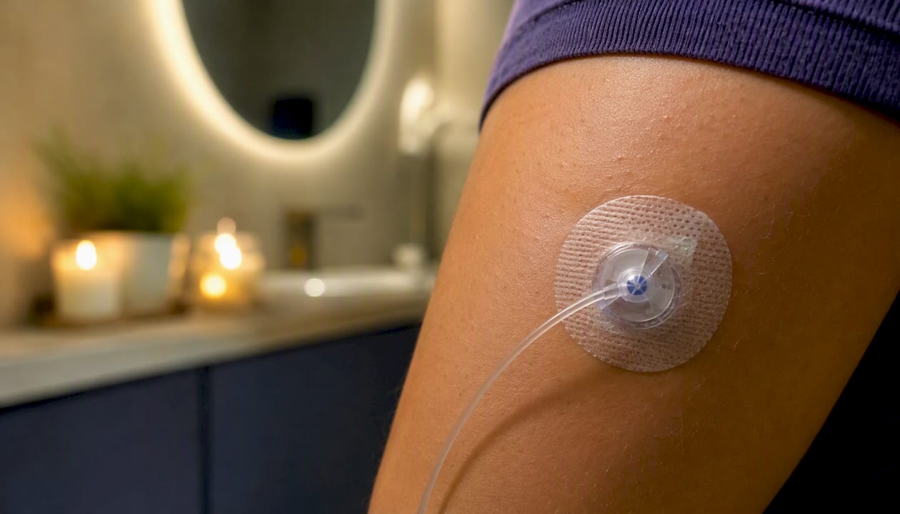 Close-up of insulin pump infusion site on arm