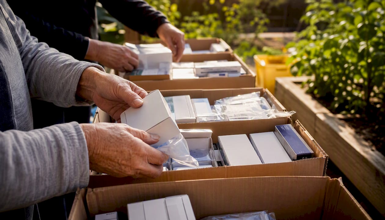 Hands packing diabetic supplies for redistribution