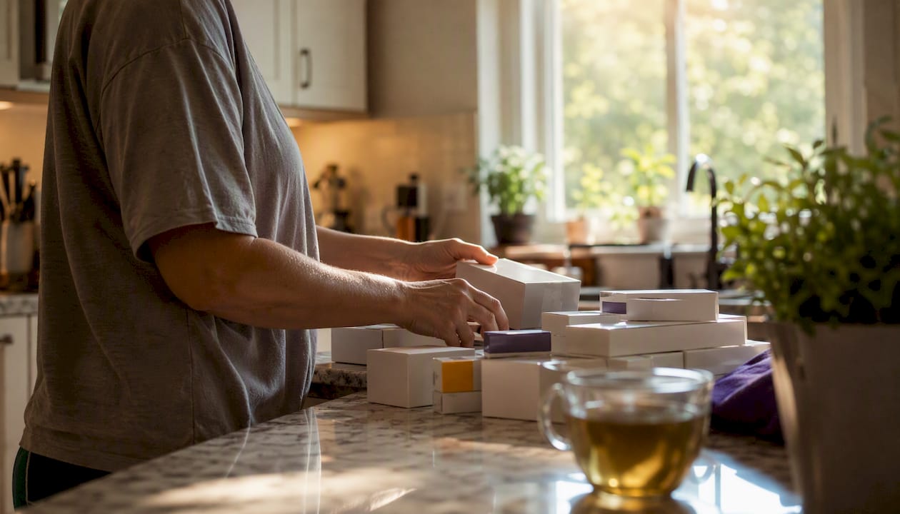 Hands sorting sealed diabetic supply boxes