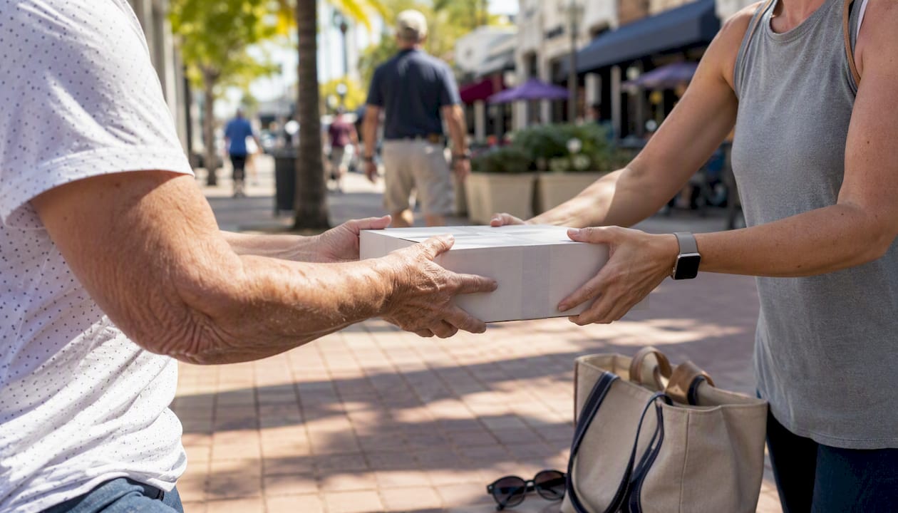 Hands exchanging sealed diabetic supplies locally