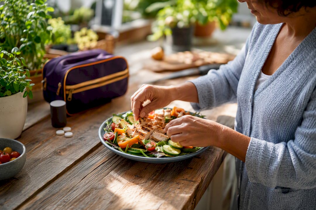 Hands preparing balanced meal with carbs and protein