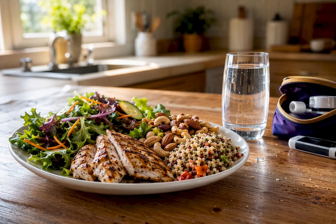Balanced healthy meal with protein, fats, and carbs