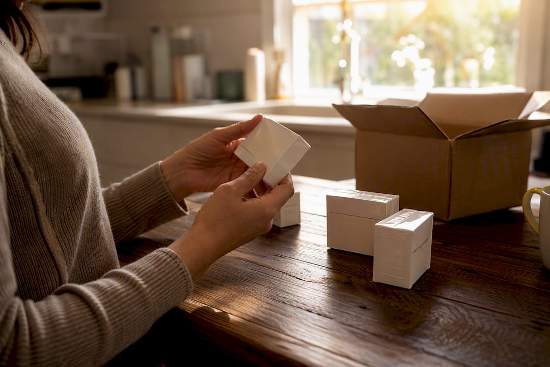 Hands inspecting sealed diabetic supply boxes