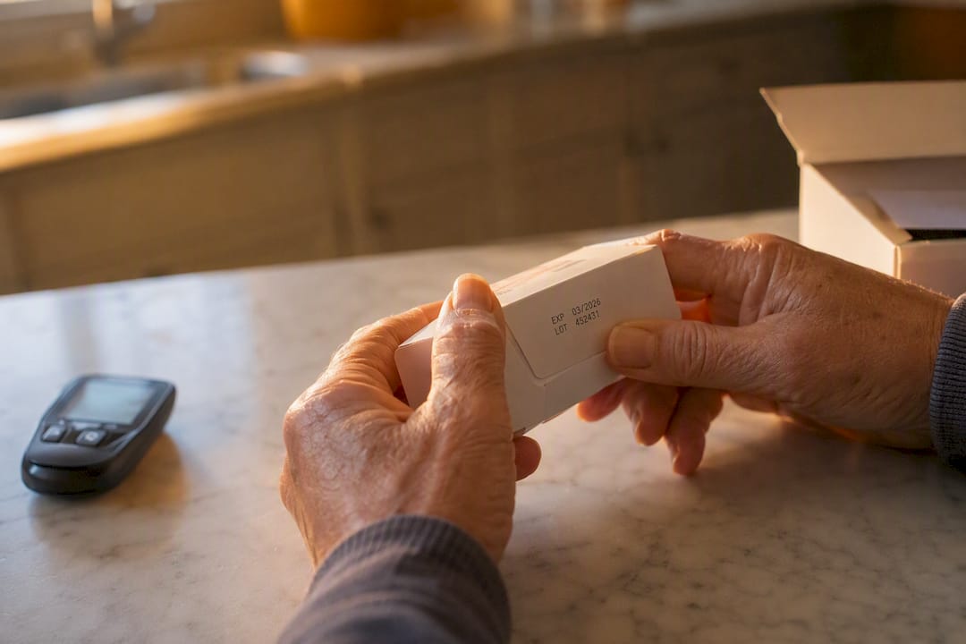 Hands inspecting diabetic supply expiration date