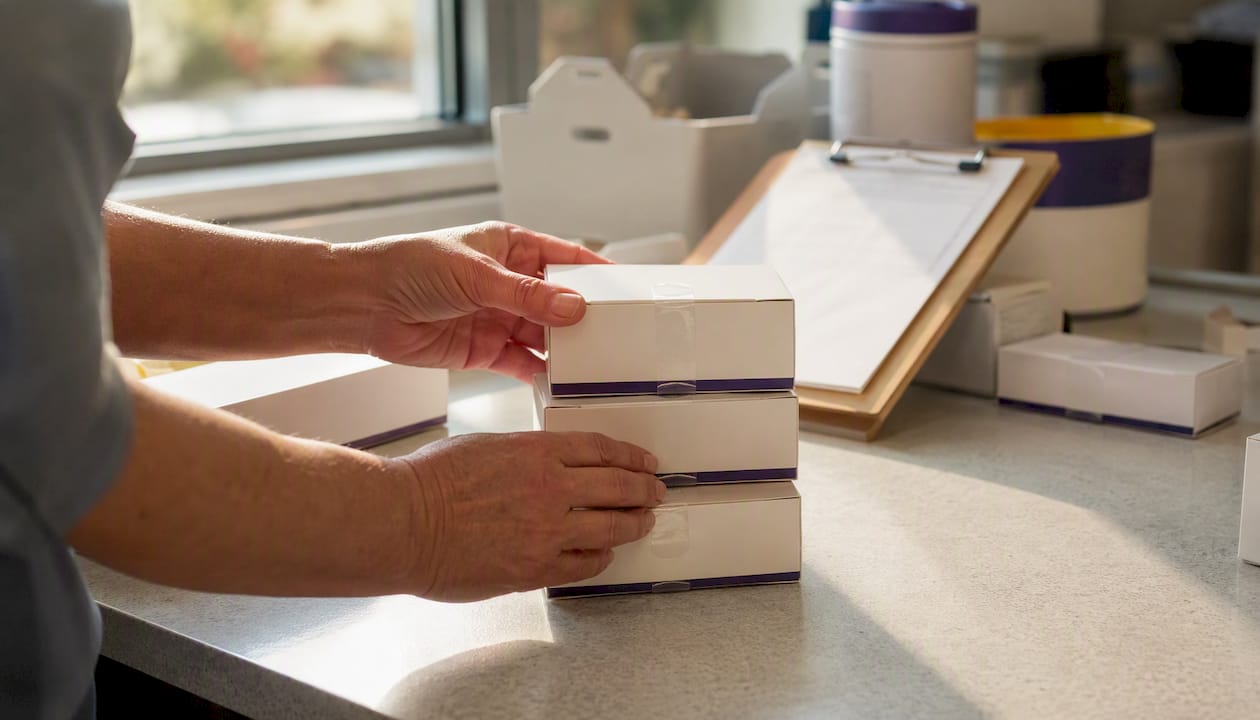 Hands sorting sealed diabetic supply boxes