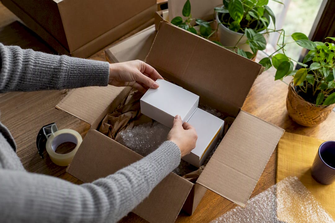 Hands packing diabetic supplies into a box