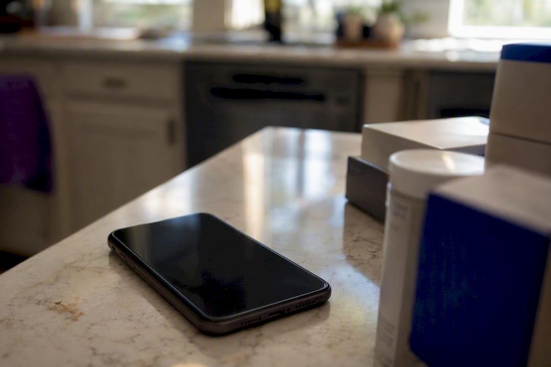 Dark smartphone by diabetic supplies on table