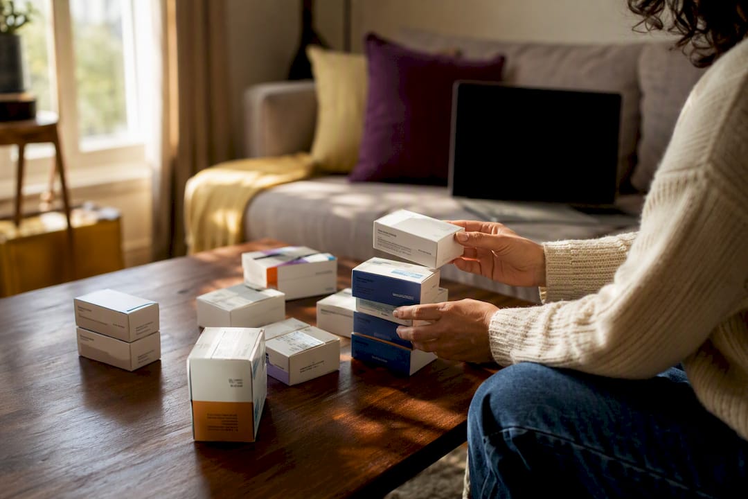 Hands organizing sealed diabetic supply boxes on table