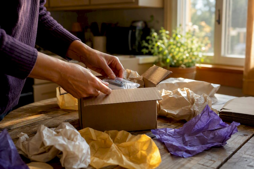 Hands packaging diabetic supplies securely for return