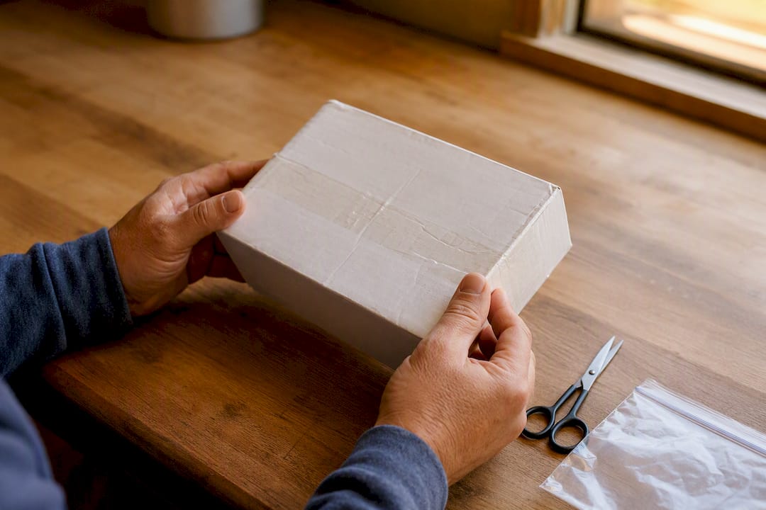 Hands inspecting damaged diabetic supply box