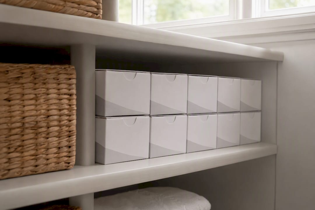 Sealed pod boxes stored on closet shelf