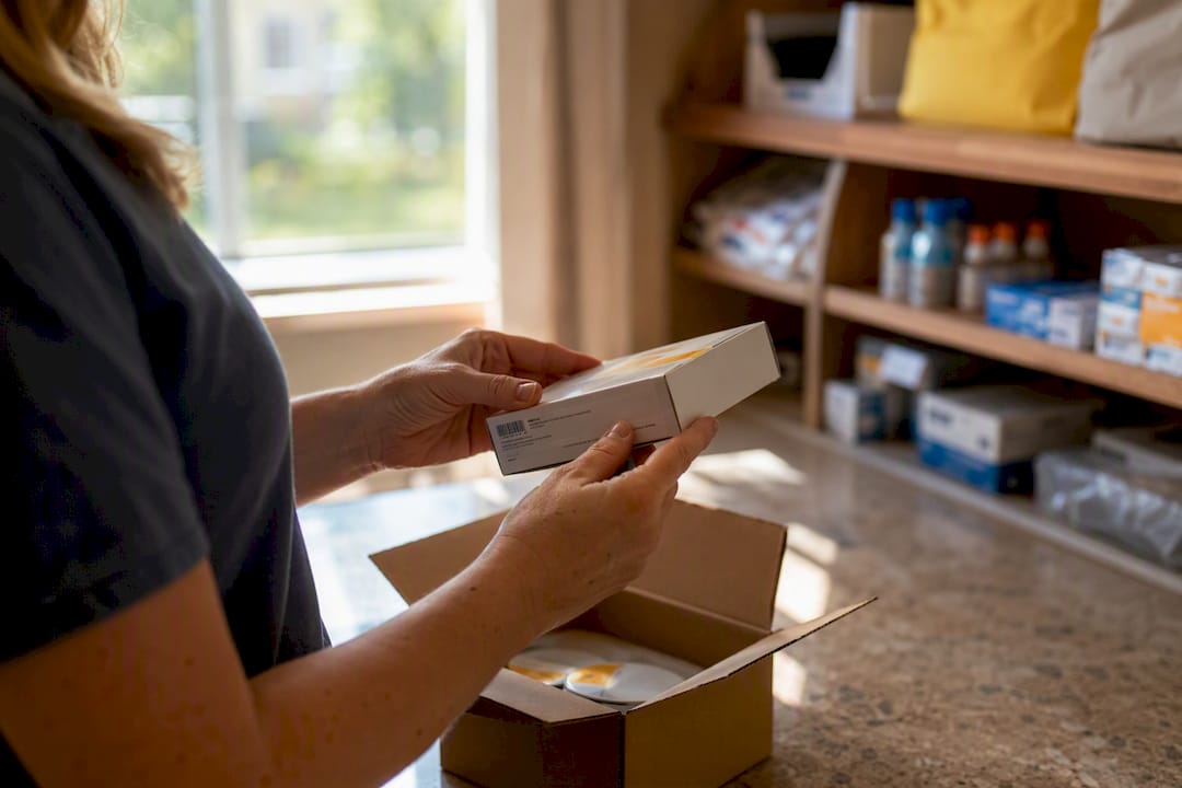 Hands inspecting expiration date on sealed pod box