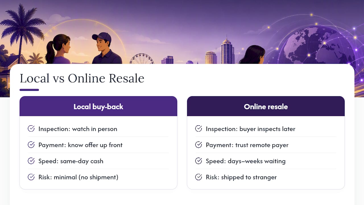 Why a local buy-back beats anonymous online resale — overview diagram