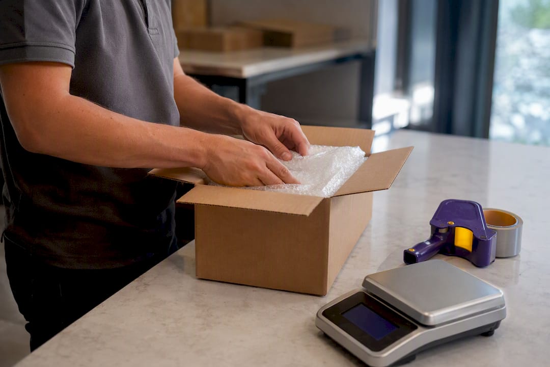 Hands securely packing an anonymous shipment