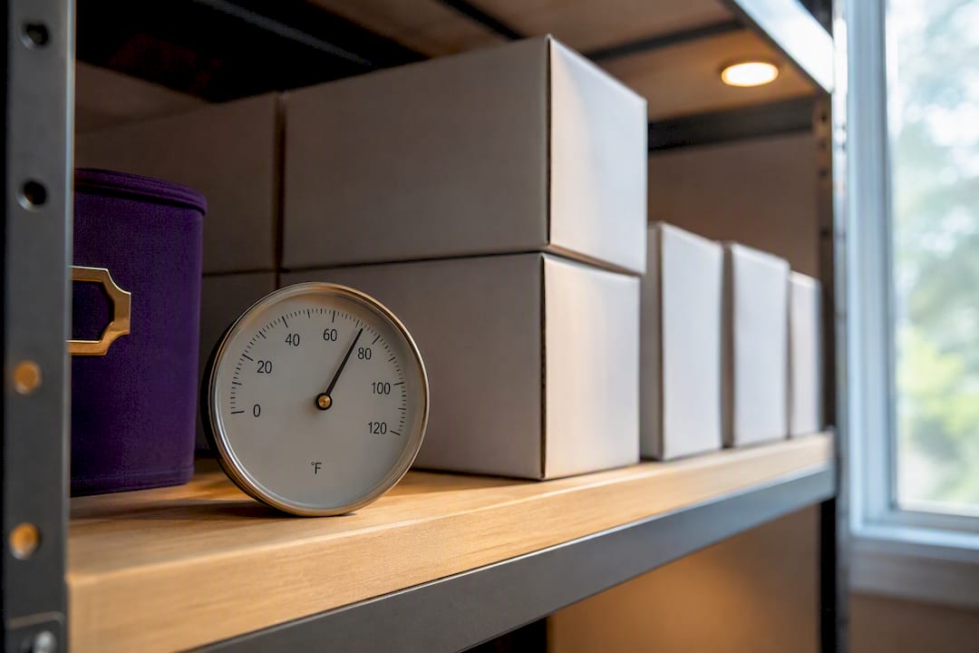 Sealed medical supplies stored beside thermometer