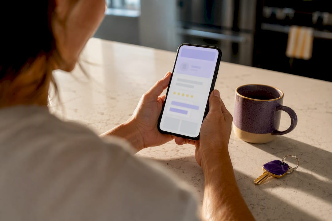 Hands checking buyer reviews on phone