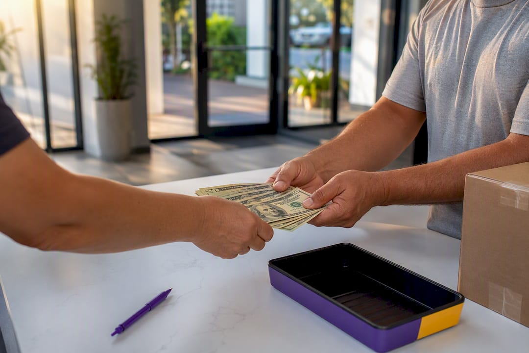 Seller receiving cash for sealed supplies