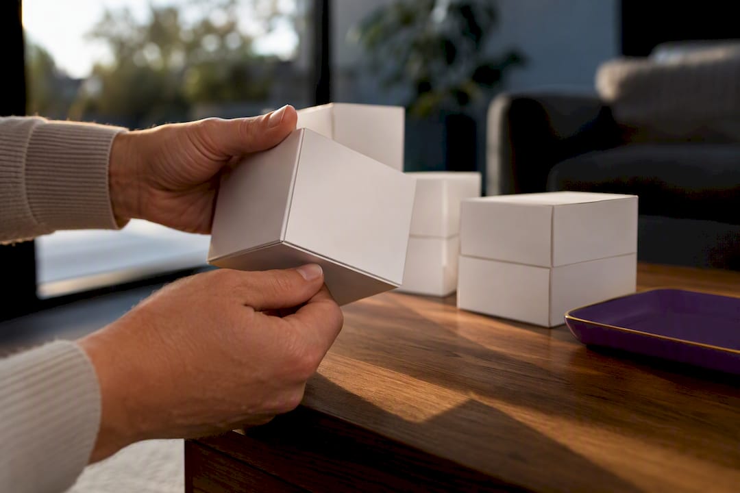 Hands checking anonymous sealed sensor cartons