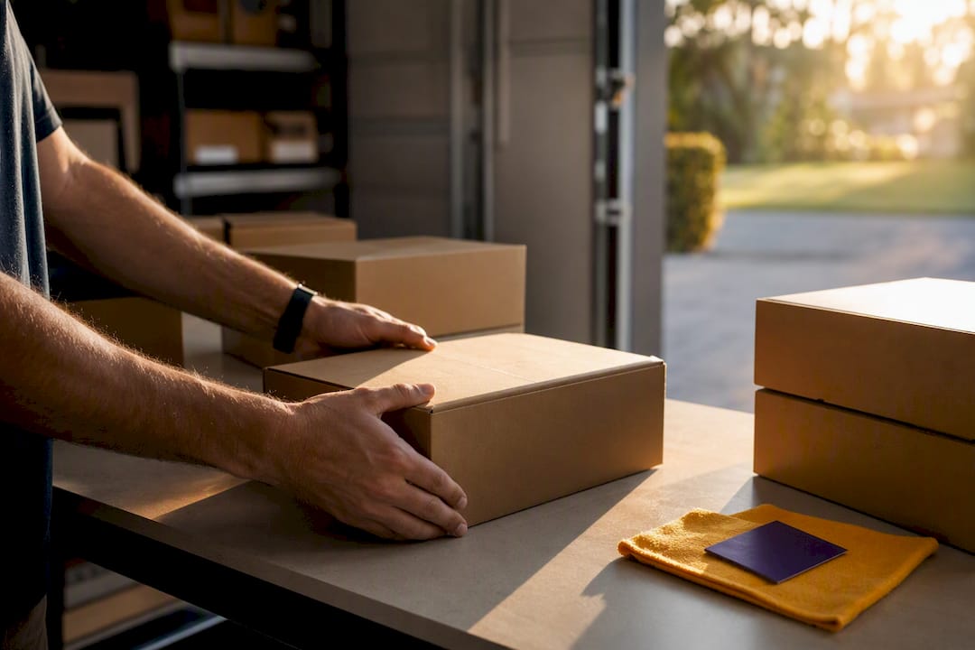 Hands checking sealed supply cartons