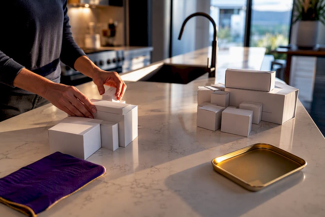 Hands sorting sealed diabetic supply cartons