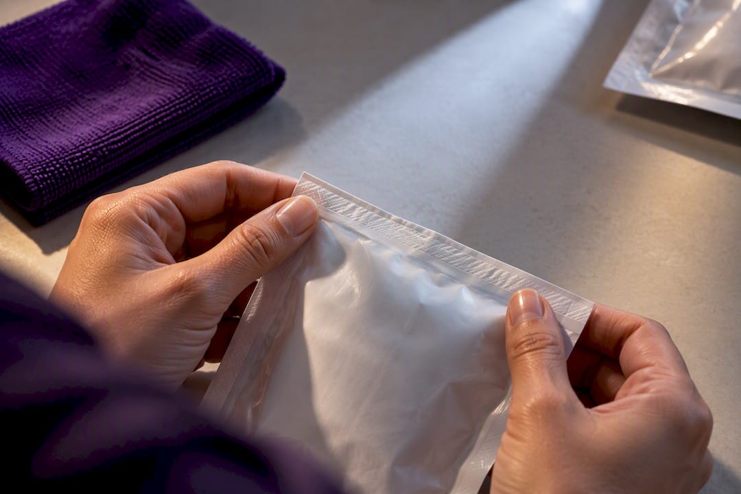 Hands inspecting an anonymous sealed medical pouch