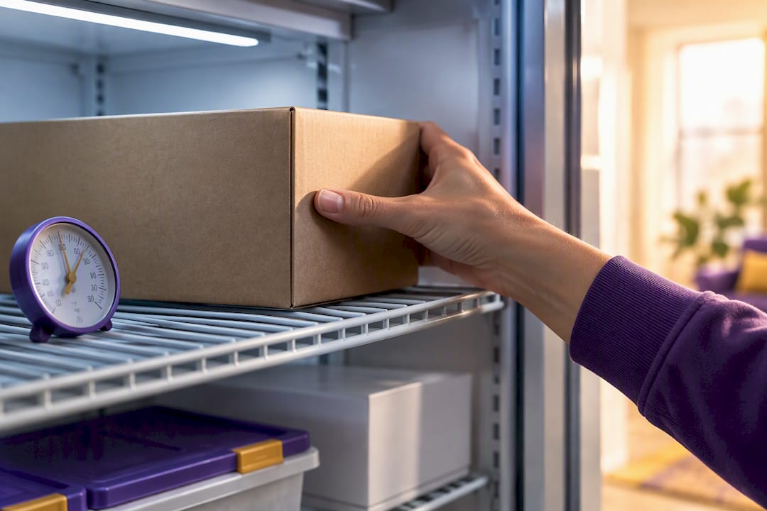 Anonymous sealed carton beside storage thermometer