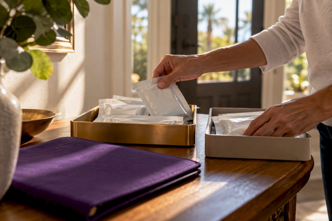 Caregiver sorting sealed medical supplies