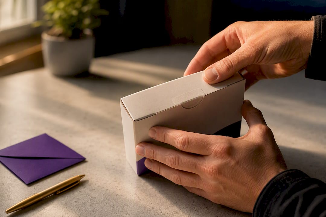 Hands checking sealed diabetes supply carton