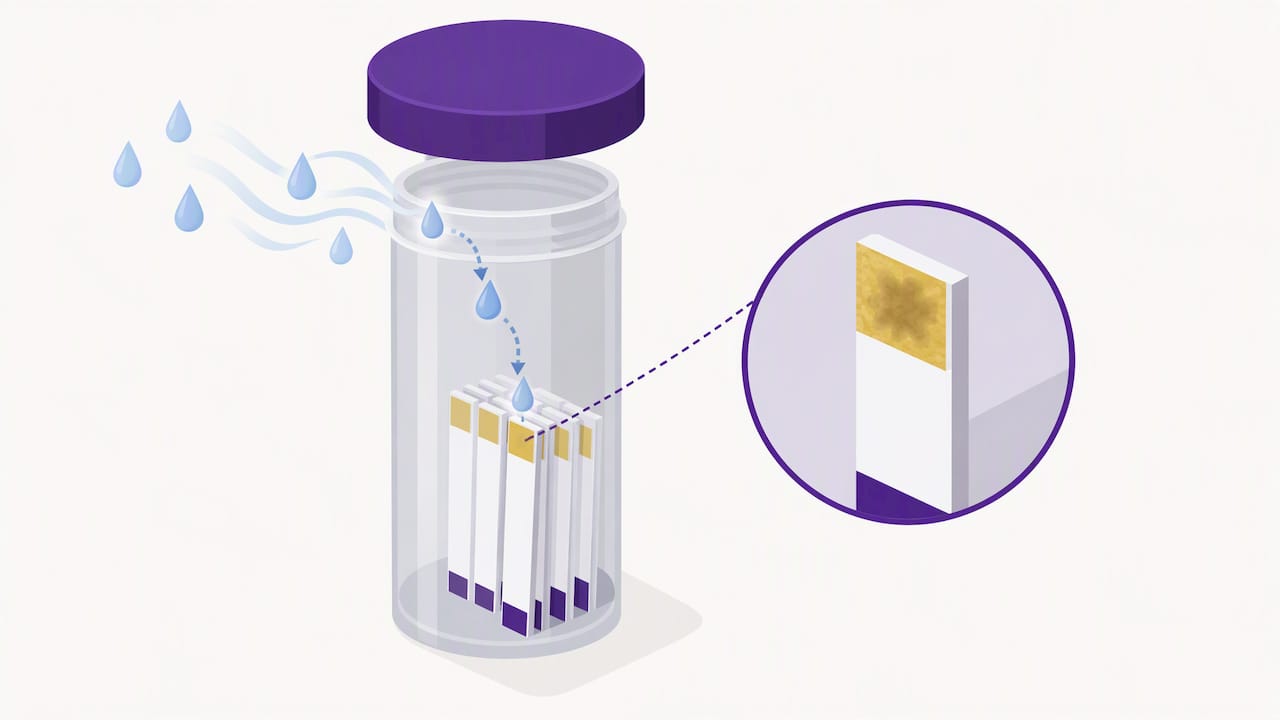 Moisture reaching reagent inside a test strip vial
