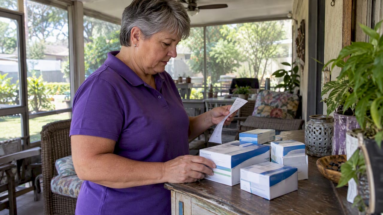 Resident checks receipt beside sealed test strips