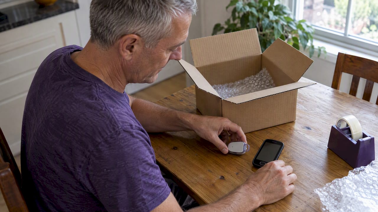 Dexcom G6 receiver and transmitter beside parcel
