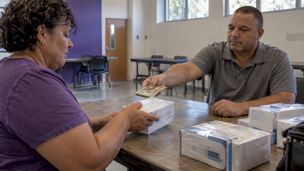 Buyer hands cash to seller beside sealed supplies