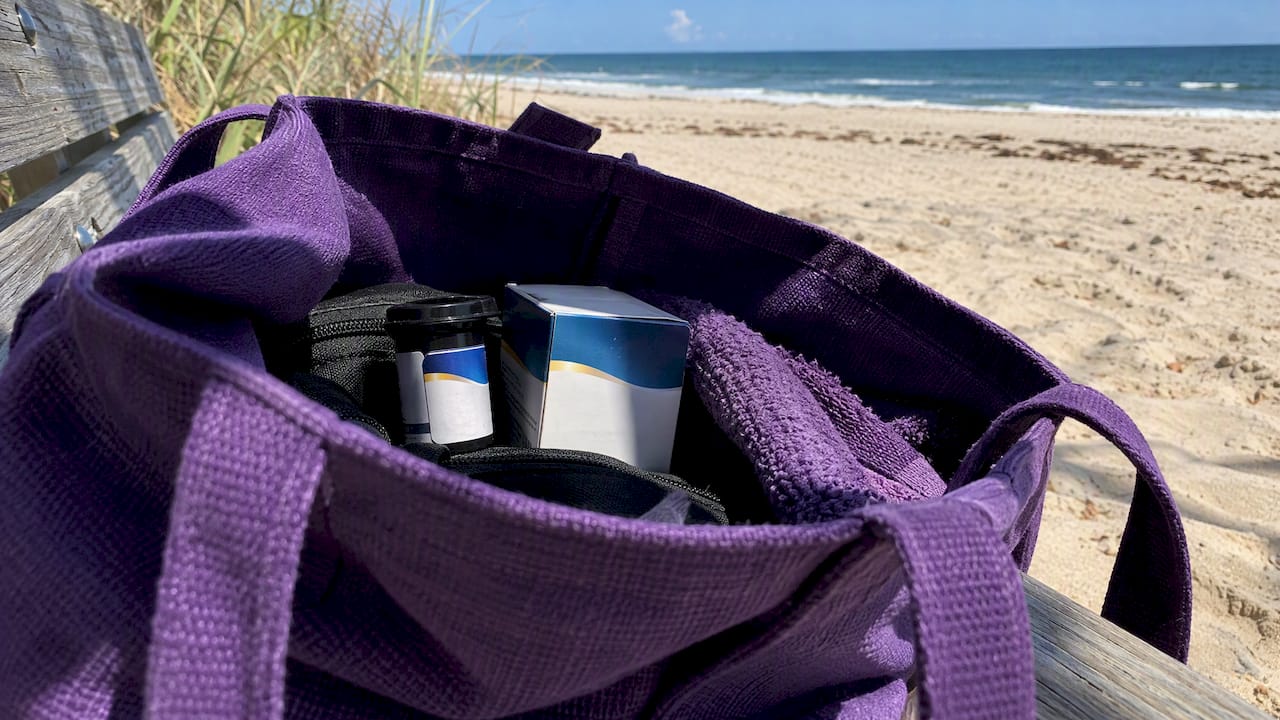 OneTouch Ultra strips inside a beach tote