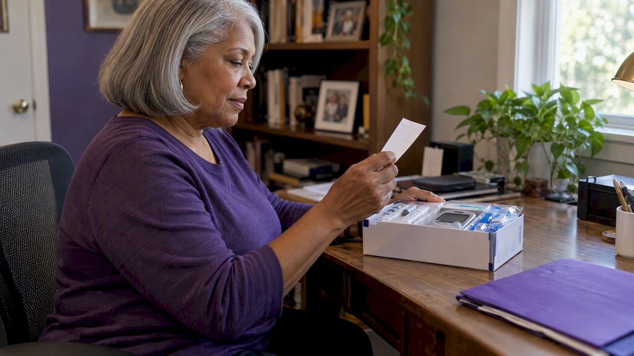 Woman checking a receipt beside unused supplies