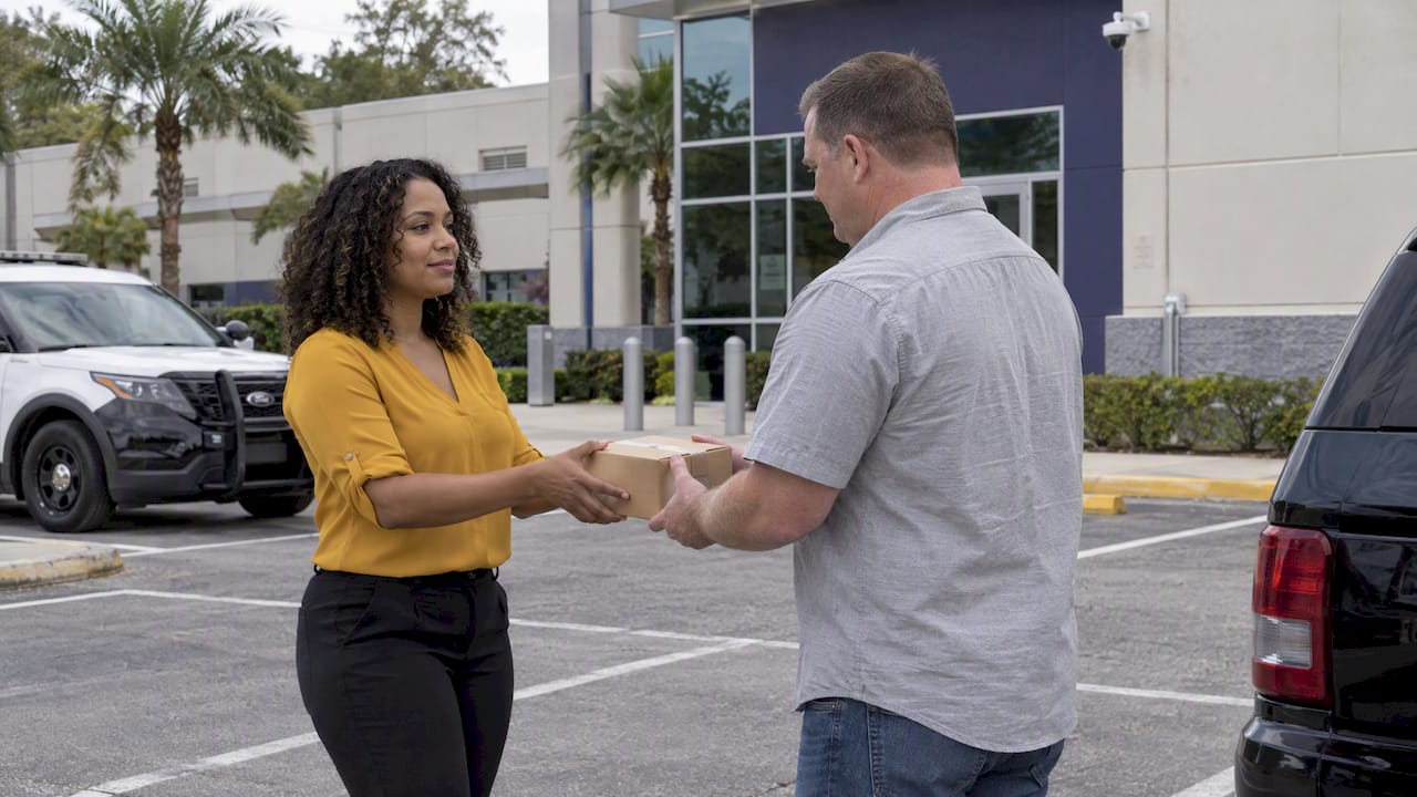 Two adults exchanging a parcel at a police station